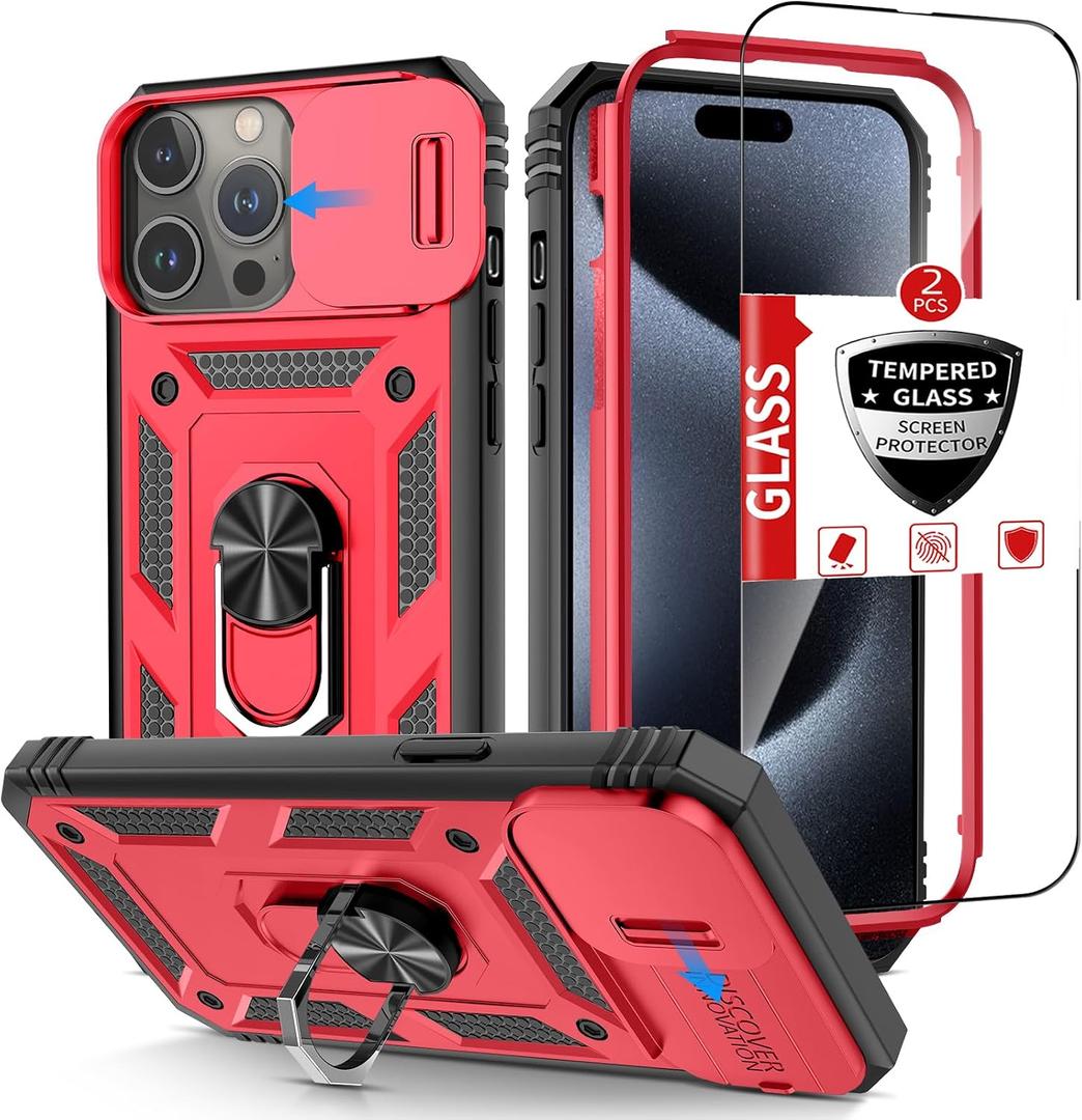 Compatible with iPhone 15 Pro Max Case with 2 Tempered Glass Screen Protectors,Built-in Kickstand Ring with Camera Cover Shockproof Military Grade Drop Heavy Duty Protection Phone Bumper Red
