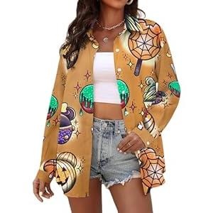 Halloween Shirt Women Pumpkin Graphic Tshirt Long Sleeve Button Down Blouse, S