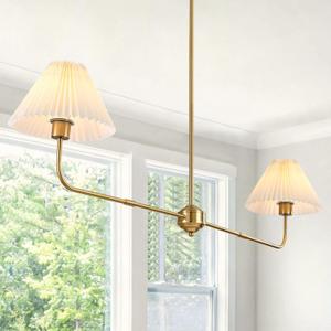 55" Gold Linear Chandelier Modern 2-Light Pendant with White Fabric Shade, Dining Room & Kitchen Island Lighting for Restaurant, Living Room, Bedroom, Hallway