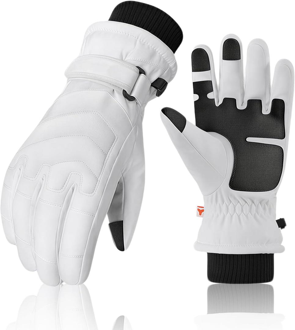 Ski Gloves, Snow Gloves for Cold Weather 3M Thinsulate Winter Gloves for Men Women, Warm Waterproof Anti-Slip Touchscreen for Skiing Snowboarding Outdoor Activities (Large, White-1)