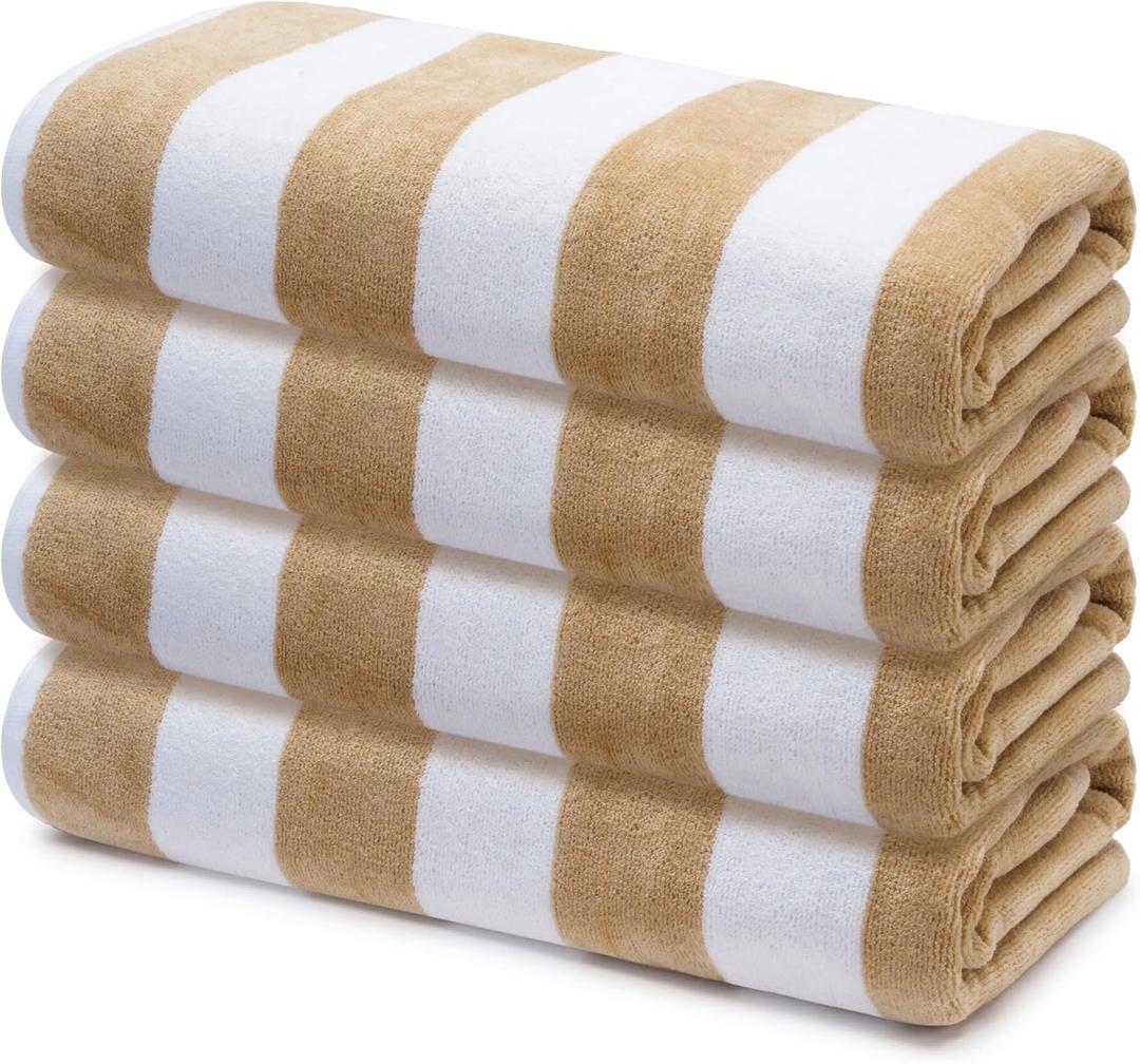 Premium Velour Cabana Beach Towel 4 Pack, 30 x 60 Soft Plush Cotton Pool Towel, Absorbent Quick Dry Towel for Beach and Pool (White Beige)