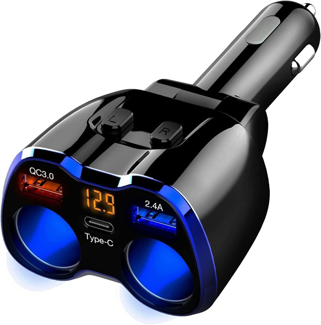 Car Charger, 150W 2-Socket Cigarette Lighter Splitter QC 3.0 Dual USB Ports 1 USB C Fast Car Adapter with Separate Switch LED Voltmeter Replaceable 15A Fuse for GPS/Dash Cam/Phone/iPad (Blue)