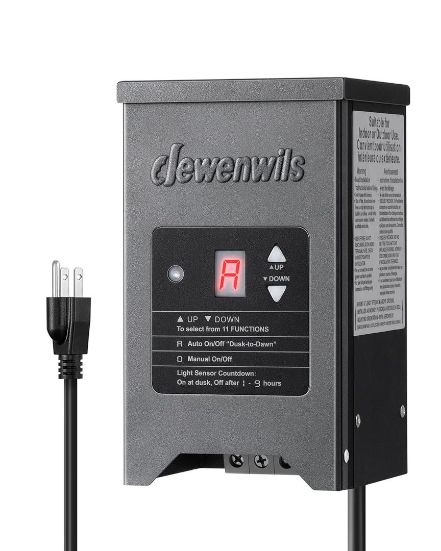 DEWENWILS 150W Low Voltage Landscape Lighting Transformer, 120V to 12/15V AC, Metal Shield, Outdoor Low Voltage Landscape Transformer, Photocell & Timer, Multi Zone Landscape Lighting Transformer