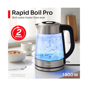 Mueller RapidBoil Electric Kettle 1.8L – Borosilicate Glass & Stainless Steel – BPA-Free Tea Kettle, LED Light, Auto Shut-Off, Boil Dry Protection Water Heater – Fast Heating, Kitchen Essentials