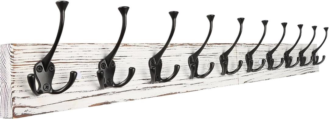 34'' Coat Rack Wall Mount with 10 Tri-Hooks, Heavy Duty, Vintage White Color Wood Coat Hanger, Rustic Coat Hooks Rail for Entryway Living Room Coat Scarf Bag Towel Hat