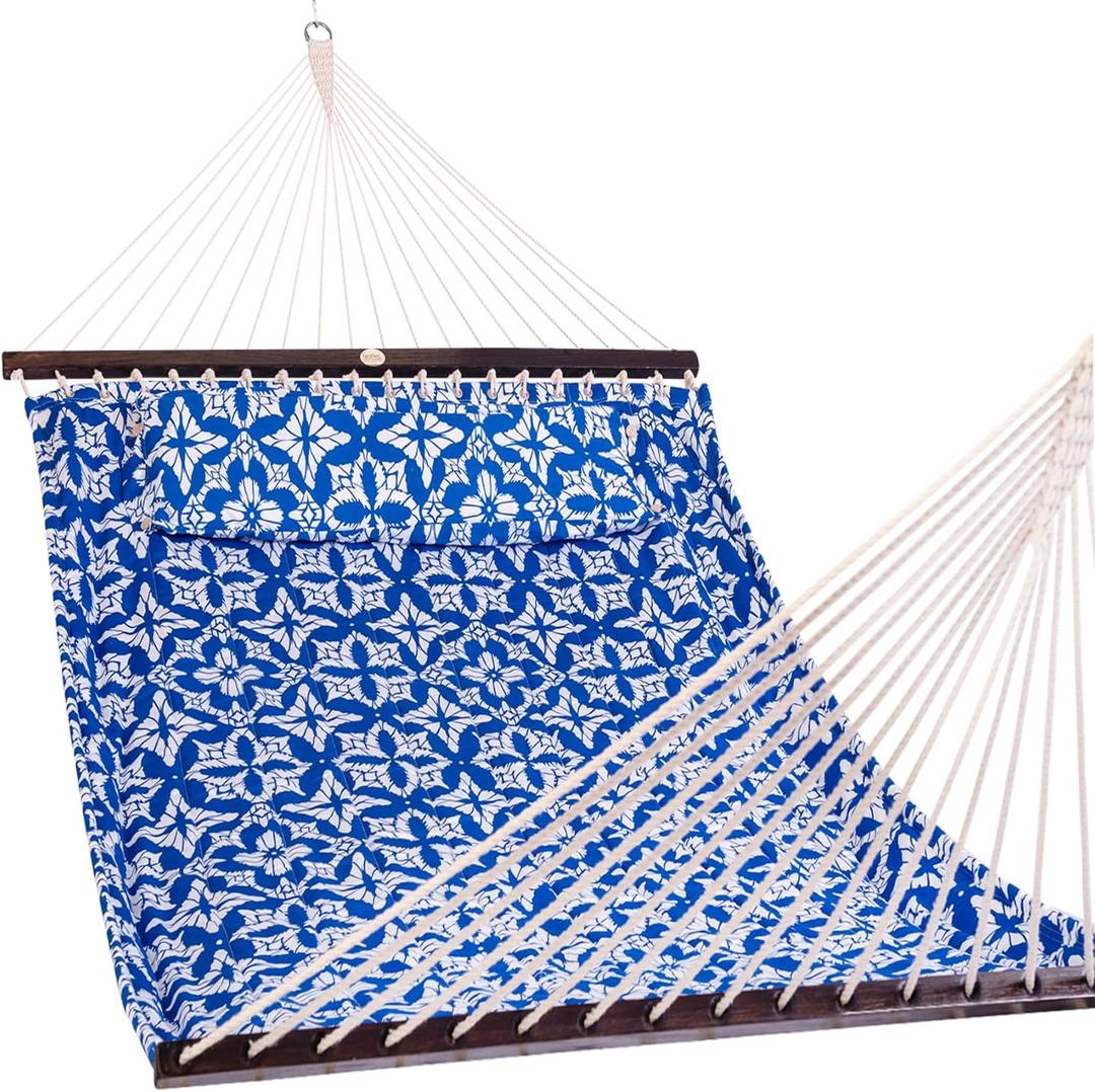 Lazy Daze Quilted Fabric Hammock with Spreader Bar, 2-Person Double Hammock for Outside Patio Poolside Backyard Beach, 450 lbs Capacity, QF48 (Floral Navy)