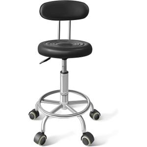 Chair with Wheels PU Leather, with Backrest, Height Adjustable, 360 Swivelling Armless Barstool with Footrest, Ideal for Pubs, Restaurants, Offices, Homes, Tattoos, Massages (Black), 15.74 inches x 12.59 inches x 33.46 inches