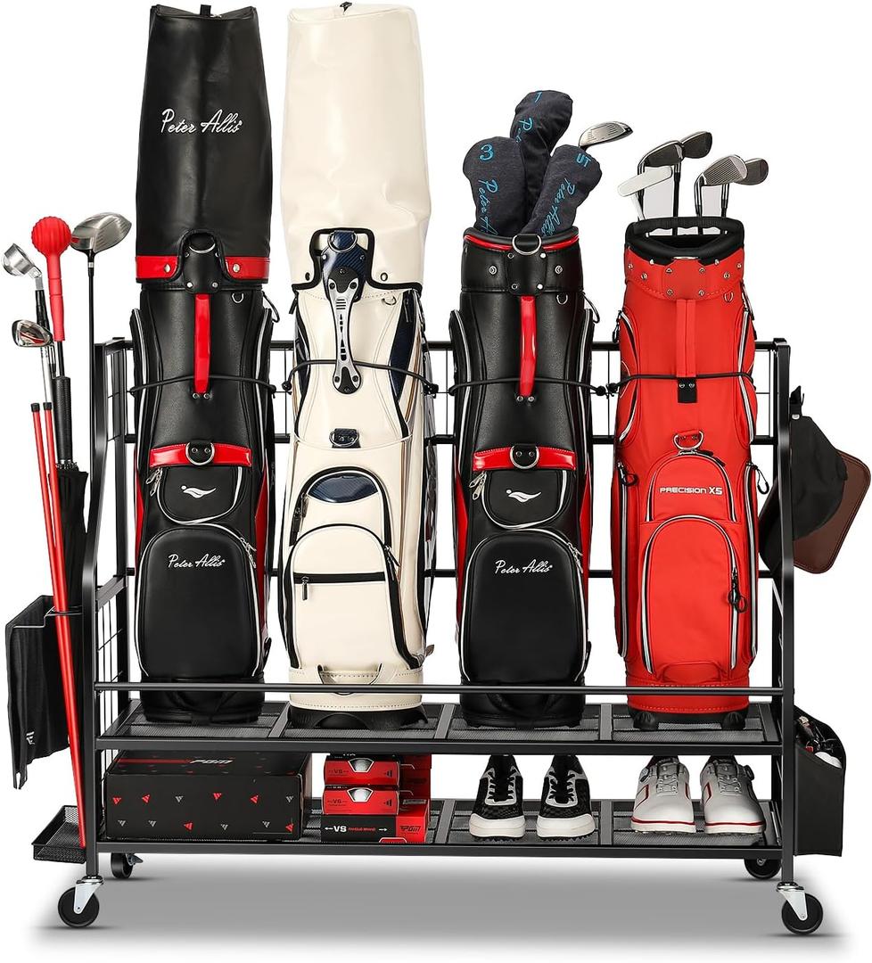 Golf Bag Storage Garage Organizer- Golf Bag Stand Fit for Golf Bags, Golf Clubs, Golf Balls, Golf Equipment Accessories, Golf Bag Storage Rack with Wheels for Garage