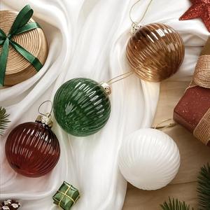 Hollowfly 11 Pcs Rustic Farmhouse Christmas Glass Ball Ornaments 2.36" Neutral Ribbed Glass Ball Ornaments for Christmas Tree Farmhouse Textured Baubles Decorations Xmas Tree Hanging Decor(Sphere)