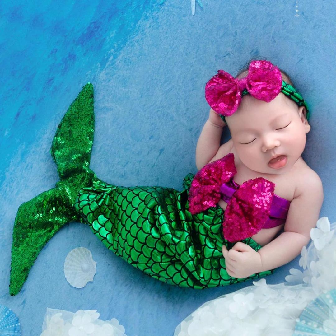 Holibeat Newborn Girl Mermaid Photography Props Baby Girl Photoshoot Outfits (green-purple)