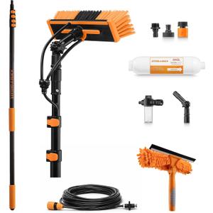 5-18 ft Water Fed Pole Window Cleaning System // Professional Telescopic Solar Panel Cleaning Equipment // Water Fed Brush with Upper Rinse Bar, 10" Squeegee, Water Filter, Soap Dispenser & Water Hose