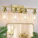 4 Light Bathroom Light Fixtures, Brass Vanity Lights for Bathroom with Clear Glass Shades, Modern Bathroom Wall Sconces for Mirror Living Room Cabinet