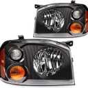 Headlight Assembly Fit with 2001-2004 Nissan Frontier XE Black Chrome Housing Clear Lens Amber NI2502131 NI2503131