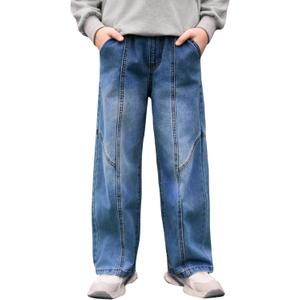 Haloumoning Boys Wide Leg Jeans Kids Casual Straight Baggy Denim Pants with Pockets 5-14 Years (Blue) 140
