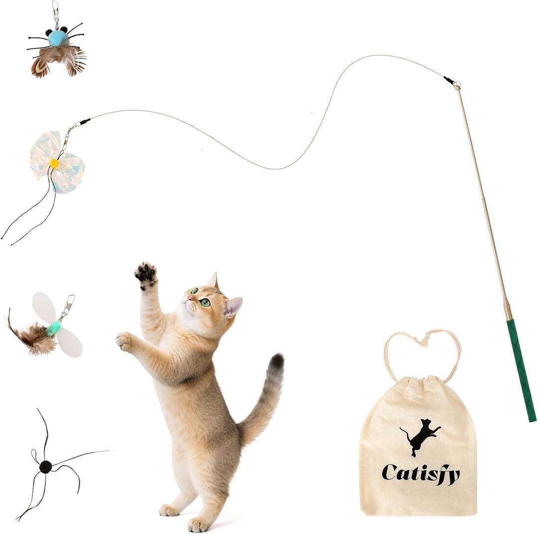 Catisfy Cat Wand Toy – Retractable Wand with 4 Feather Toy Refills for Indoor Cat Enrichment, Interactive Toy for Bored Adult Cats and HighEnergy Kittens (FlutterFlick Series)