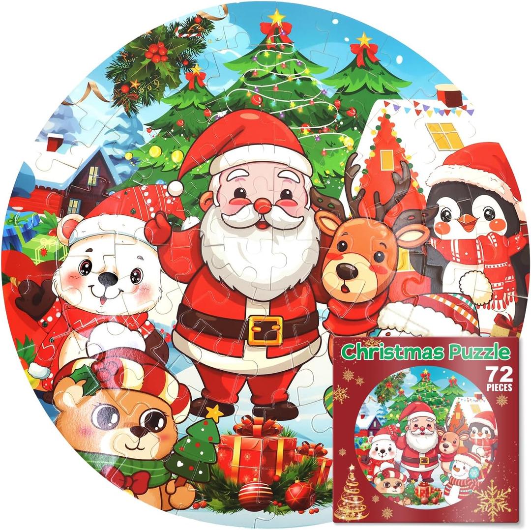 72Pcs Christmas Puzzle for Kids Large Round Floor Puzzles Santa Snowman Elk Jigsaw Puzzles for Holiday Party Favors Supplies
