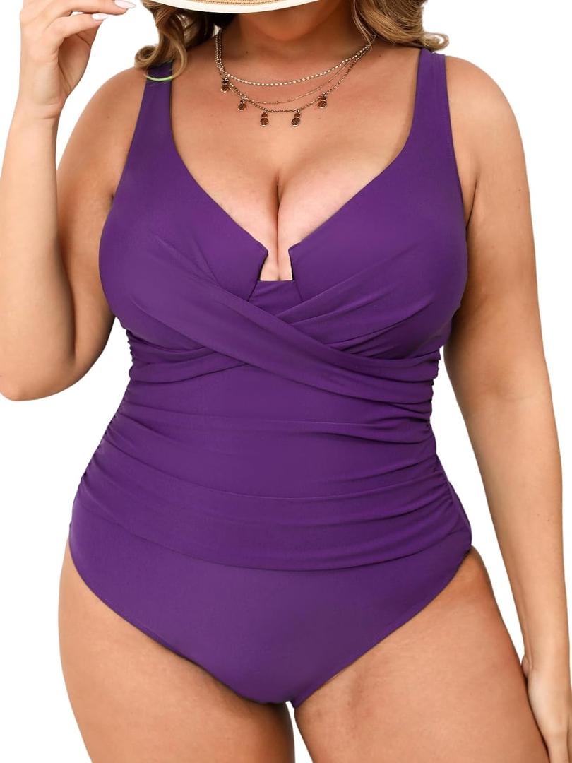 CUPSHE Plus Size One Piece Swimsuit for Women Ruched Underwire Bathing Suit Curvy Tummy Control Swimwear (X-Large Plus, Deep Purple)