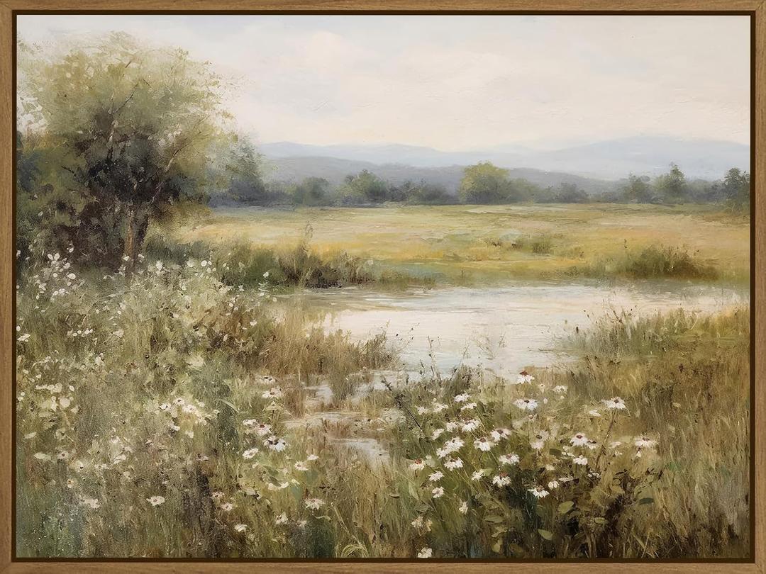 Vintage Landscape Wall Art Spring Wildflower Field Pictures Wall Decor Rustic River Pond Painting Prints Nature Wilderness Scenery Poster Framed for Bedroom Bathroom Home Kitchen Decoration 12x16 Inch