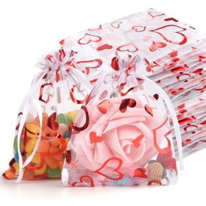 TUPARKA 120 Pcs Valentine's Day Gift Bags Love Heart Organza Bags Drawstring Pouches for Jewelry Packaging Wedding Gift Bags Party Favor Bags (Red hollow heart)