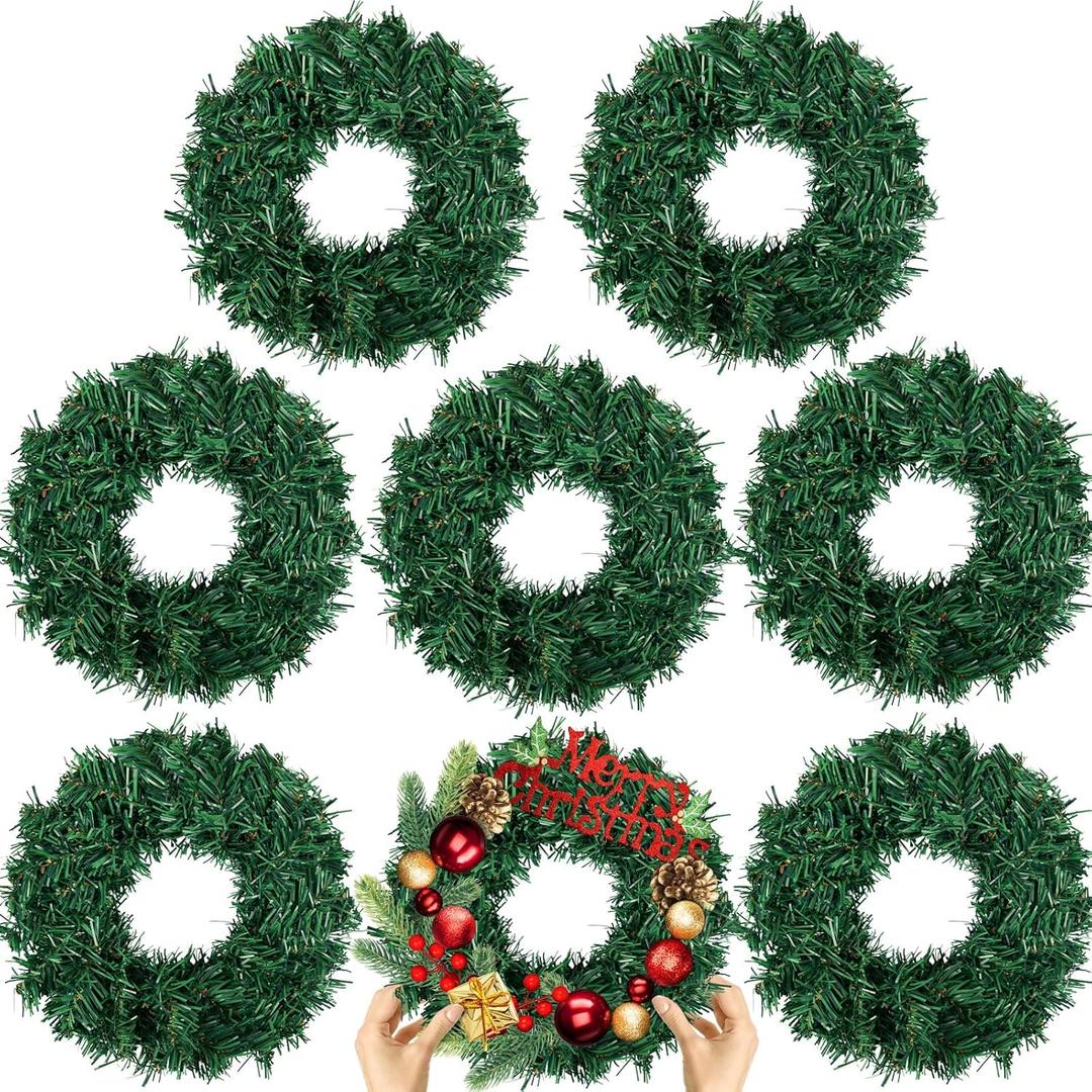 8 Pcs Christmas Wreath 10 Inch Green Artificial Wreaths DIY Faux Plain Wreaths Front Door Green Farmhouse Cabinets Wreath Indoor Outdoor Wall Decor (Classic)