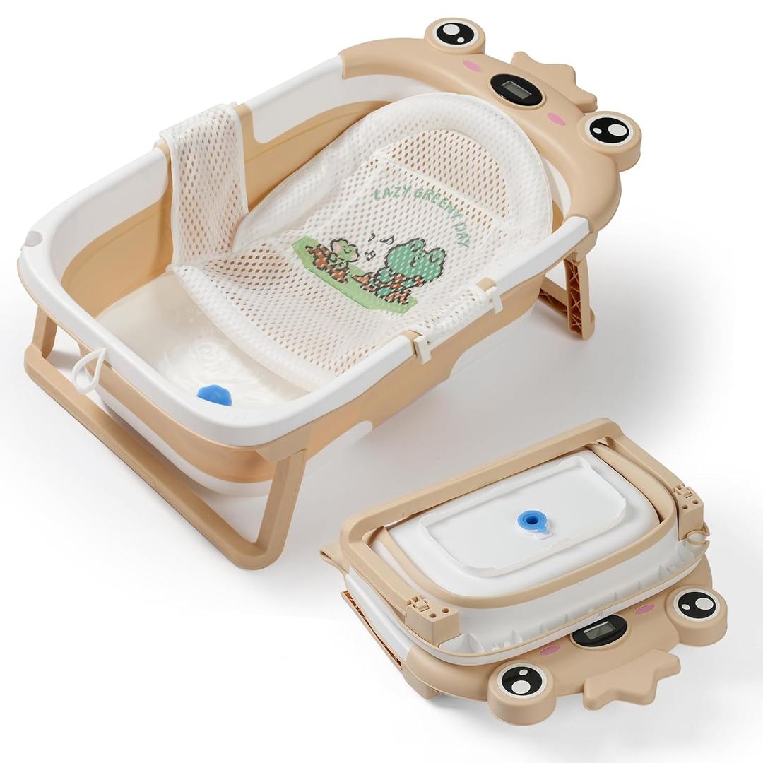 Baby Bathtub, Collapsible Baby Bath Tub with Soft Cushion & Thermometer, Space Saving Foldable & Travel Newborn Bathtub for Infant to Toddler 0-36 Months, Frog Beige