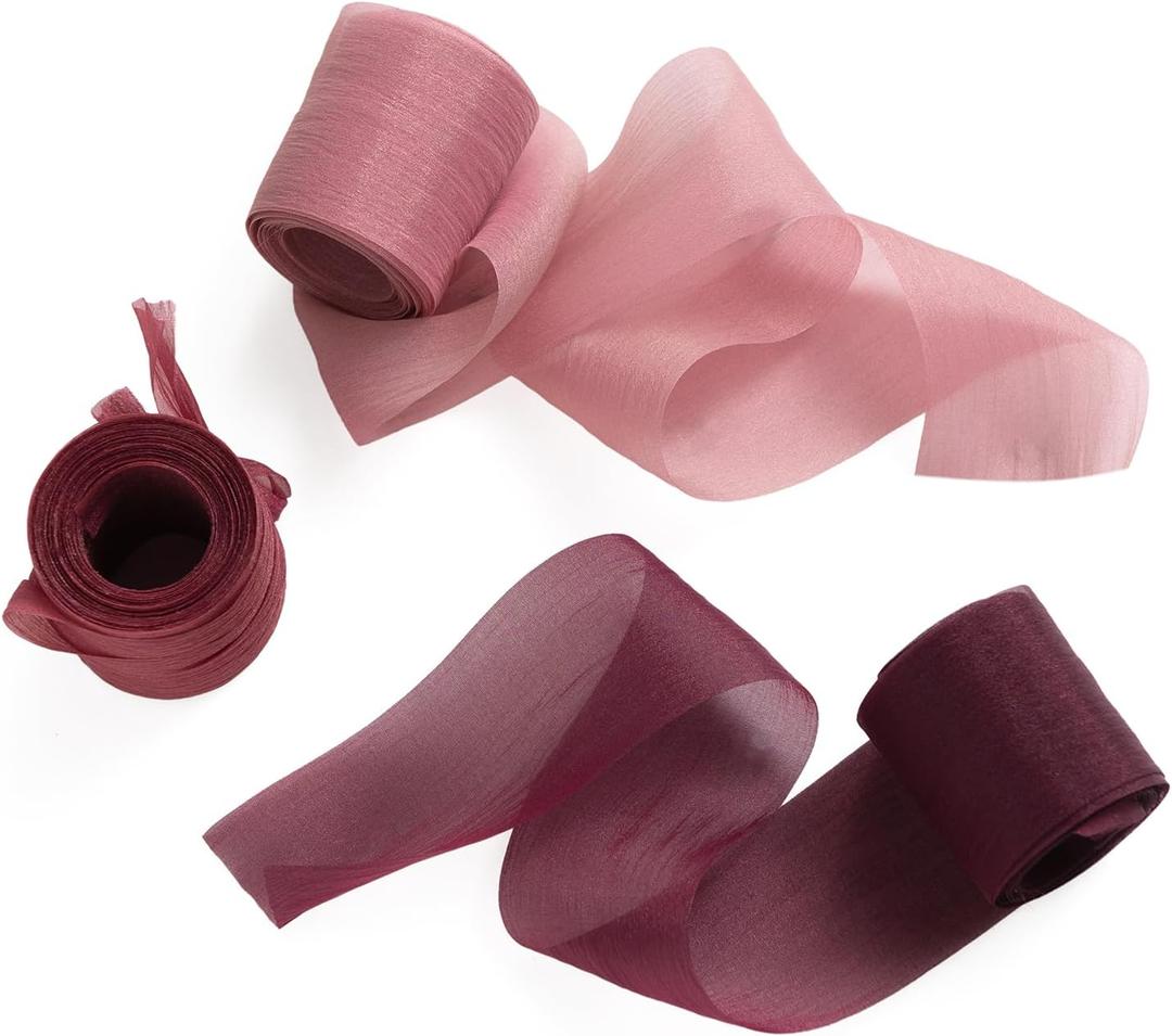 Ling's Moment Chiffon Silk Ribbon,6.7Yd Navy Blue Craft Fabric Ribbon Colors Rolls for Gift Wrapping Wedding Floral Bouquets Party Decoration,Handmade Frayed Ribbons for Baby Shower Holiday Decor (Red- Burgundy)
