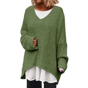 Saodimallsu Womens Oversized V Neck Sweaters Batwing Long Sleeve Knit Fall Slouchy Pullover Sweater Tops (Large, Army Green)