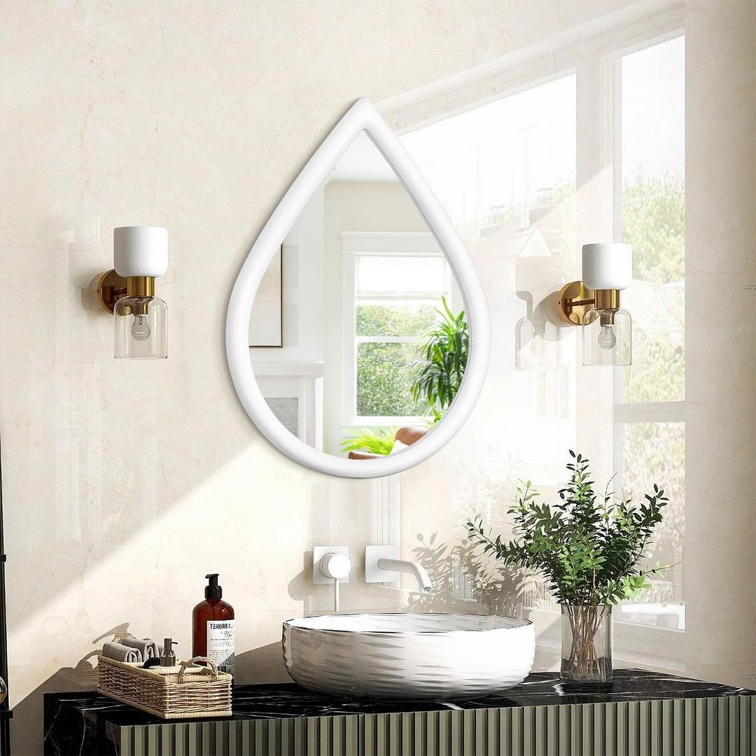 Small Wall Mirror Wood Framed Decorative Mirror White Teardrop Hanging Mirrors Unique Vanity Mirror for Bedroom Bathroom Living Room