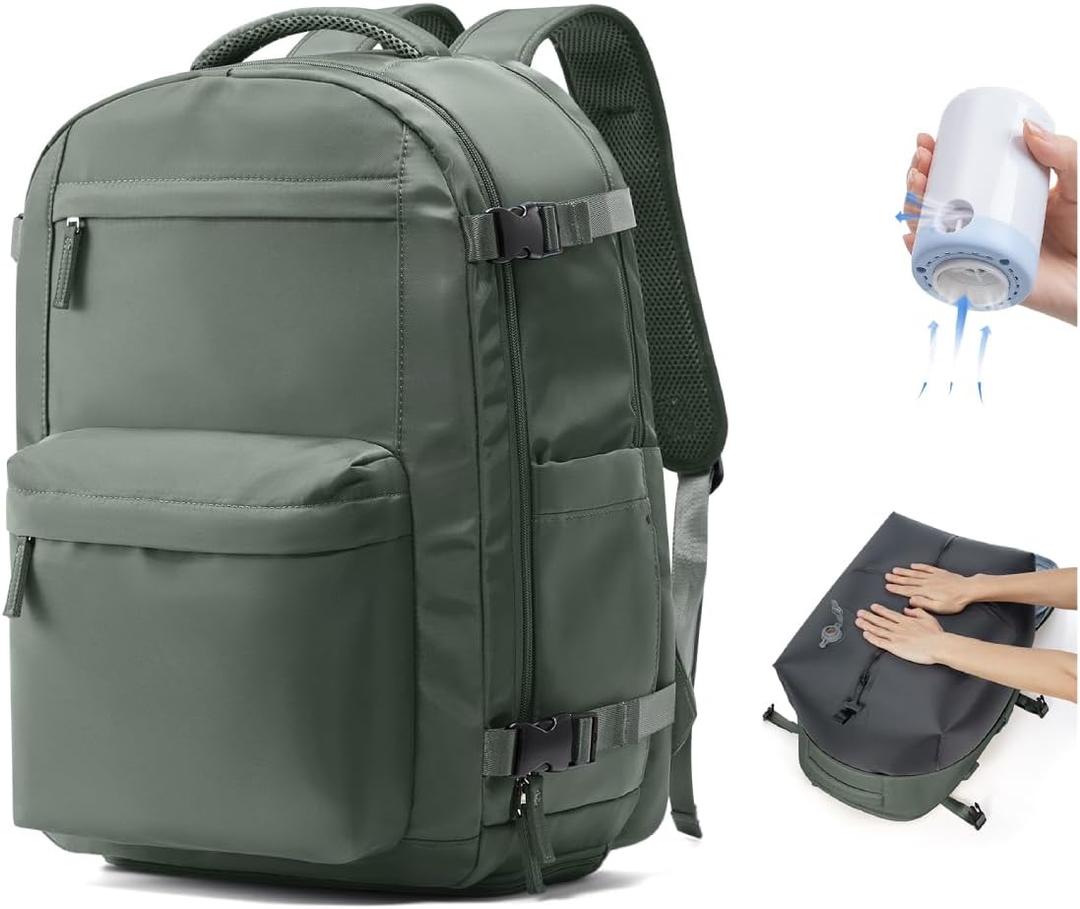 VGCUB Vacuum Backpack Travel with Electric Pump Vacpack System Storage Compression Laptop Work Business Waterproof College Weekender Bags Casual Daypack Backpacks for Women Men Green