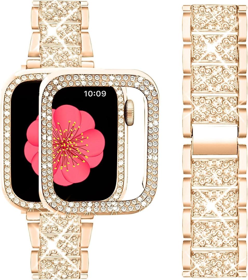 SUPOIX Compatible with Apple Watch Band S10 42mm + Case, Women Jewelry Bling Diamond Metal Bands & 2P Cover Cases for iWatch Series 10(Rose Gold,42mm)