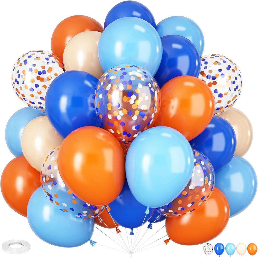 Blue and Orange Balloons, 60PCS 12 Inch Royal Light Blue and Orange Beige Balloon Confetti Balloons for Kids Space Theme Party Baby Shower Birthday Graduation Party Decoration