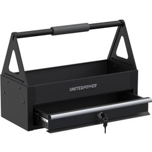 UNITEDPOWER Handy Tool Box With 1 DrawerPortable Metal Tote Tray with comfortable grip handle, Tool Organization for Household, Warehouse, Repair Shop, Black