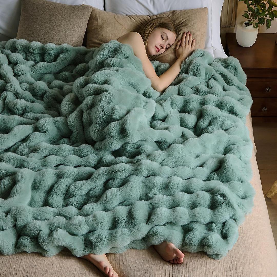 Lotus Karen Faux Fur Throw Blanket Sage Green - Big Bubble Rabbit Fluff Blanket for Couch Bed Sofa, Softest Fluffy Fuzzy Cozy Blanket, Plush Thick Furry Shaggy Warm Blankets for Women,90x90 Inches