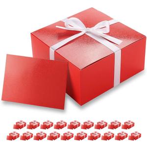PACKHOME 20 Red Gift Boxes 8x8x4 Inches, Christmas Gift Boxes, Paper Gift Boxes with Lids for Gifts, Crafting, Cupcake Boxes, with Greeting Cards and Satin Ribbons Glossy with Grass Texture