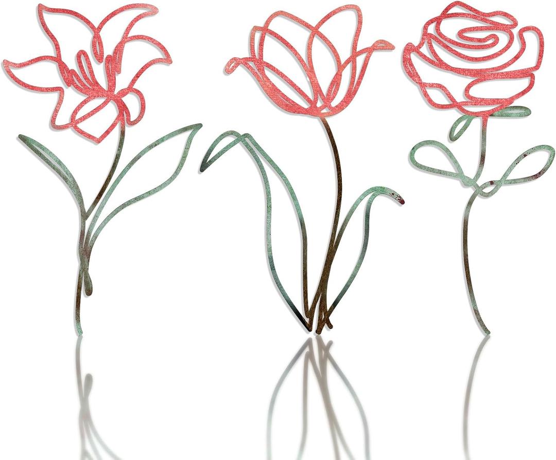 Oubasa 3 Pieces Metal Flowers Wall Art Decor, Rustic Farmhouse Metal Wall Ornament Arts Pink Minimalist Floral Decor for Bathroom Kitchen Bedroom Living Room, 6x10 Inches - Housewarming Gifts