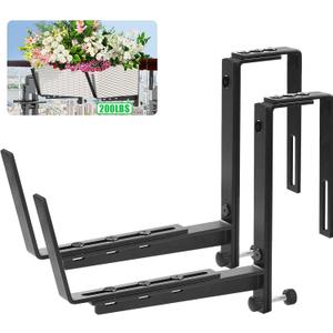 Heavy Duty Window Box Brackets, Adjustable Flower Planter Box Brackets for Railings & Walls, 5mm Reinforced Brace, Enhanced Bottom Support for Balconies, Fences, Gardens, 200LB CAP(2 Packs)