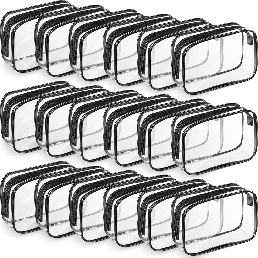 Saintrygo 18 Pack Clear Makeup Bags 7 x 5 PVC Cosmetic Bag Plastic Zippered Pouches Portable Toiletry for Women Men Travel Vacation Bathroom Organizing(Clear Color, Black Border)