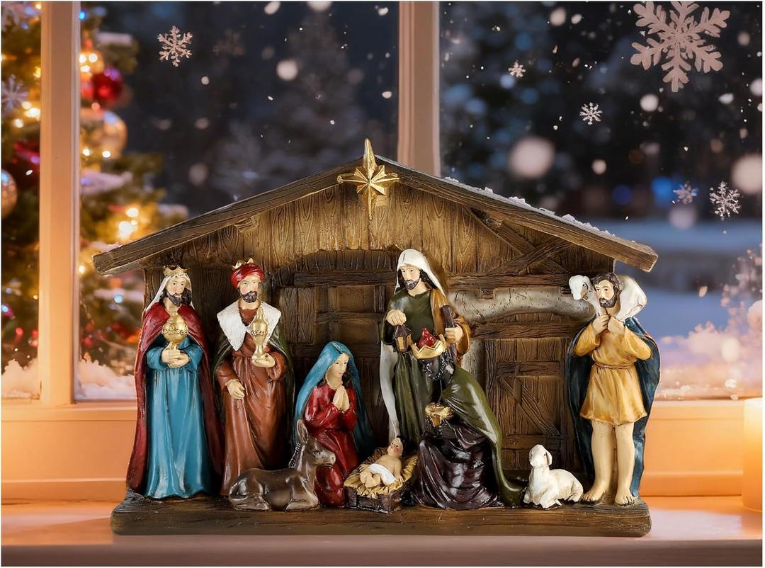 Christmas Nativity Scene Set - 12" W One Piece Holy Family Sculpture with Manger, Nativity Religious Tabletop Decorations, Hand Painted Resin Catholic Decor for Tabletop & Shelf
