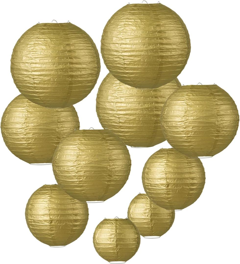 LIHAO 10PCS Mixed Size Gold Paper Lanterns for Weddings, Birthdays, Parties and Events (6"/ 8"/ 10" /12")