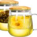 Tosnail 2 Pack 18 Ounce Large Glass Tea Cup with Bamboo Lid and Tea Infuser Set, Tea Mugs with Strainer, Clear Teacups with Tea Filter, Glass Cups for Blooming Tea, Loose Tea Brewing