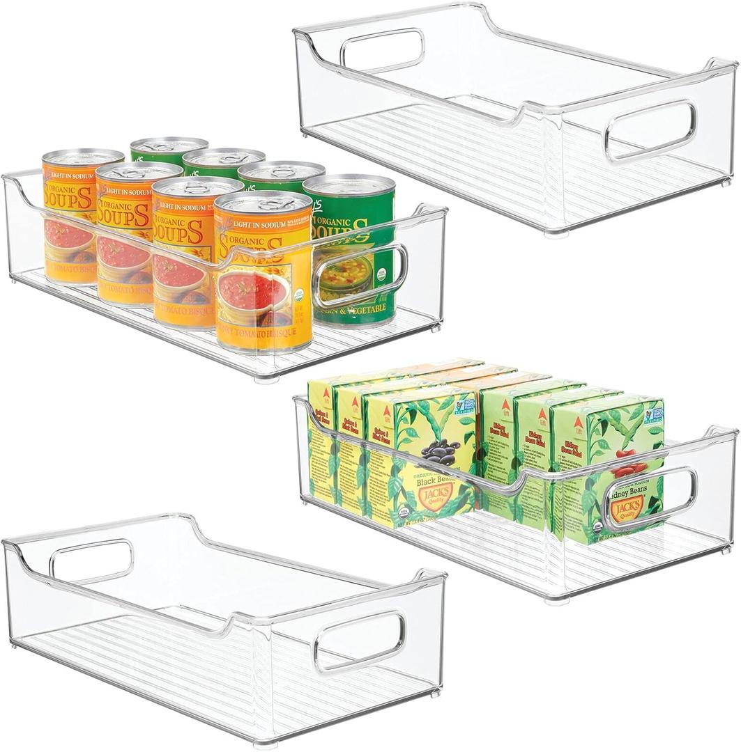 mDesign Wide Plastic Kitchen Storage Container Bins with Handles -Organization in Pantry, Cabinet, Refrigerator or Freezer Shelves - Food Organizer for Fruit, Yogurt, Squeeze Pouches - 4 Pack - Clear