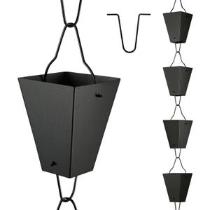 TE DEUM Square Link Rain Chain, 8.5 Feet Length, 3.7inch Big Size Cup, Black Powder Coated, Functional and Decorative Replacement for Gutter Downspouts, V Gutter Clip Included, Black
