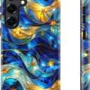 Esdot for Samsung Galaxy S24 Case, Aesthetic Vintage Blue Starry Waves Girly Shell,Compatible with Magsafe,Trendy Unique Cool Retro Western Protective Slim Silicone Phone Cover for Women Girls