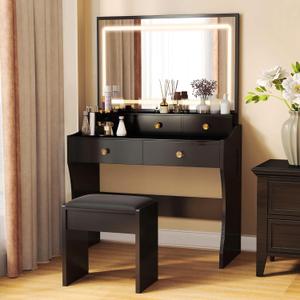 COMHOMA Makeup Vanity Desk with Mirror and Lights, Vanity Table and Chair Set with 5 Drawers and Charging Station, Bedroom Dresser LED Mirror Stepless Dimmable & 3 Color Modes Adjustable, Black