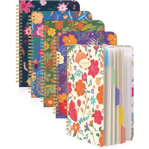 Dynta Spiral Notebooks 5 Subject 5-Pack College Ruled Hardcover with Removable Dividers 160 Pages/80 Sheets Each, A5(8.5 "x 5.7") Cute Blooming Floral, for Students Office Business Diary Book