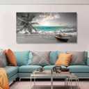 Beach Sea Wave Pictures Canvas Wall Art For Living Room Bedroom Wall Decor,Sea Wave Wall Art Print Paitnings For Home Decor,Morden Artwork Palm Boat Canvas Art Waterproof Ready To Hang-28x57 Inches