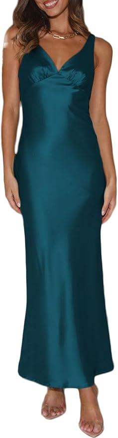 Womens Elegant Satin V Neck Backless Sleeveless Maxi Dress Silk Tie Low Back Formal Cocktail Dresses Wedding Guest, S