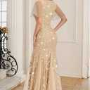 Women's Formal Evening Gowns Long Sparkly Sequin Elegant Tulle Sleeve Mother of Bride Dress Bodycon Maxi Prom Dresses (Beige, L)