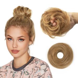 isheeny Human Hair Bun Extension - Natural Curly Honey Brown Messy Bun Hair Piece for Women/Girl - Tousled Updo Chignon for Daily Use