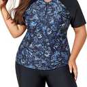 Smismivo Plus Size Tankini Swimsuit for Women Two Piece Rush Guard Bathing Suit with Shorts Swimwear Swim Shirt Tummy Control 2XL, Black Floral Blue